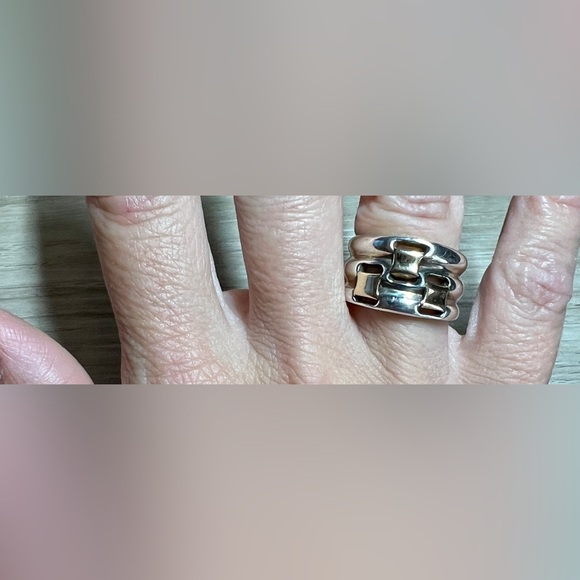 Vintage Designer Signed BV Sterling Silver & 14K Gold Wide Band Ring, Size 6.5 - Picture 11 of 13